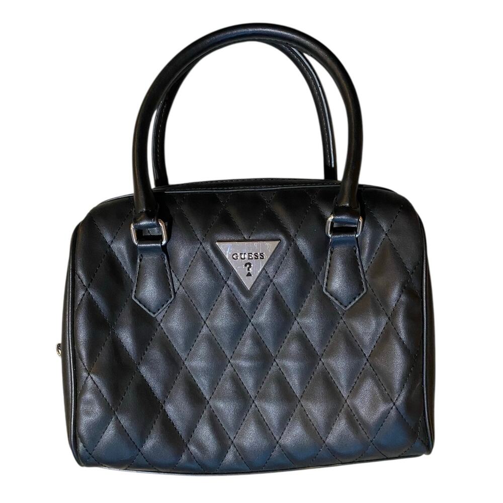 Guess Cessily Quilted Boxed Satchel Handbag Black Vegan Faux Leather Crossbody‎ - Picture 2 of 14